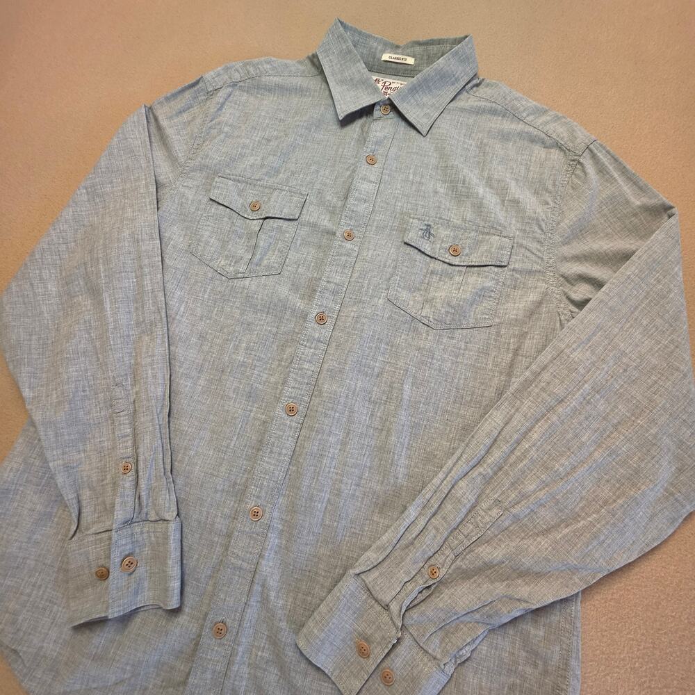 Penguin Gray Two-Pocket Long-Sleeve Button-Up 100% Cotton Classic Fit Sz Large